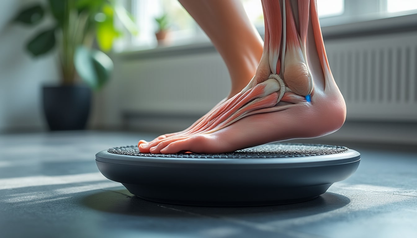 améliorez la proprioception de votre cheville grâce à des exercices ciblés sur plateau d'équilibre pour renforcer la stabilité et prévenir les blessures.